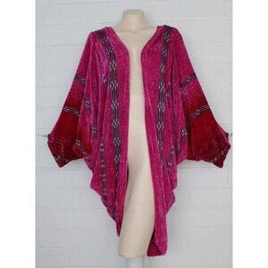 Cynthia Krause Weaver One Size Raspberry Blue Tribal Design Trim Cocoon Jacket